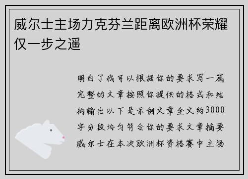 威尔士主场力克芬兰距离欧洲杯荣耀仅一步之遥